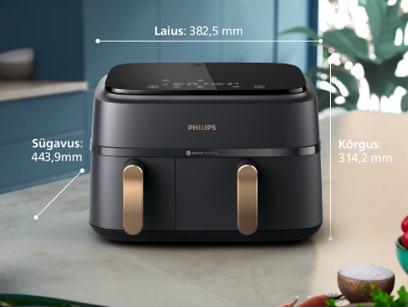 Philips Dual Basket, mis seisab t&ouml;&ouml;pinnal, k&otilde;igi kirjeldatud m&otilde;&otilde;tmetega: Laius: 38,25 cm, s&uuml;gavus: 31,42 cm , k&otilde;rgus: 44,39 cm